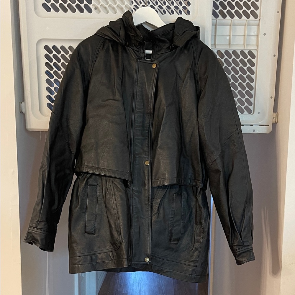 Vintage Black Hooded Leather Jacket